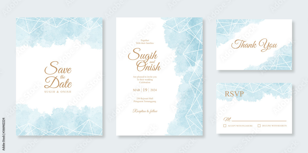 Geometric watercolor splash for wedding card invitation set template