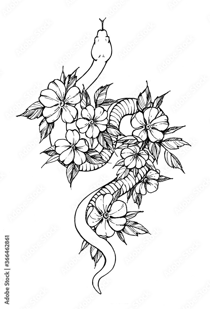 Fototapeta premium Tattoo snake decorated flowers. T-shirt design