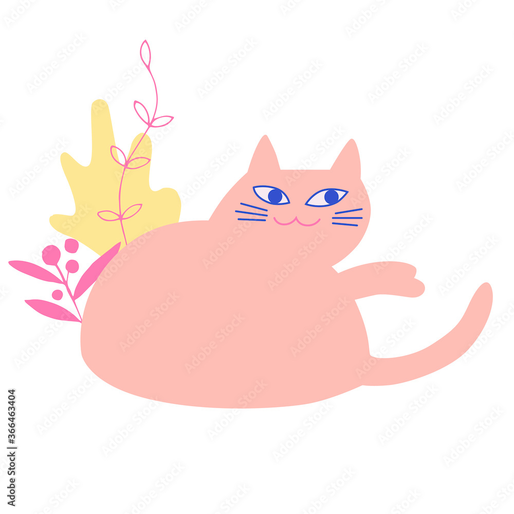 Cute flat cat. Cartoon vector illustration isolated on white background. Good for t-shirt, mugs, stickers and other design