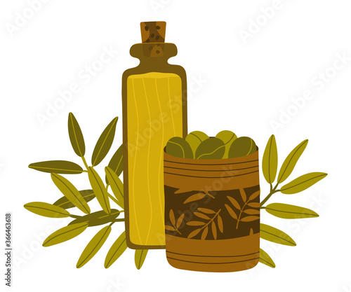 Green olives in a tin can and a bottle of olive oil. Delicious and fresh organic Mediterranean olives. Olive tree branches on the background. Greek food sale concept. Olive oil products.