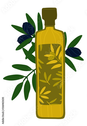 Olive oil bottle and black olives on a branch. Delicious and fresh organic Mediterranean olives. Olive tree branches on the background. Greek food sale concept. Olive oil products.