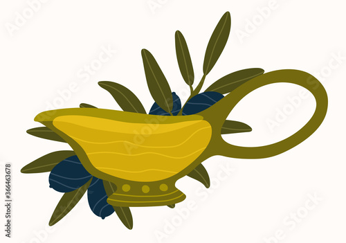 Bowl with yellow olive oil and black olives on a branch. Delicious and fresh organic Mediterranean olives. Olive tree branches on the background. Greek food sale concept. Olive oil products.