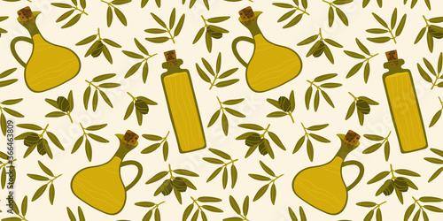 Green olives, bowls and bottles of olive oil. Seamless repeating pattern. Olive branches. Natural products for a Mediterranean lunch. Pattern with Greek food. Contemporary illustration.