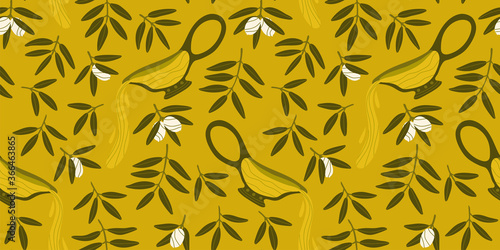 Natural yellow olive oil in bowls. Seamless repeating pattern. Olive branches. Natural products for a Mediterranean lunch. Pattern with Greek food. Contemporary illustration.
