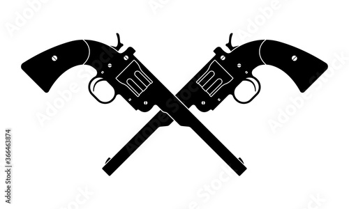 Crossed revolver guns icon. Vintage pistol silhouette. Western handgun. Vector illustration.