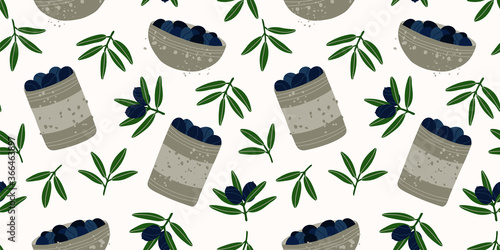 Seamless repeating pattern. Olive branches. Natural products for a Mediterranean lunch. Pattern with Greek food. Contemporary illustration. Gray tin cans and bowls with black olives.