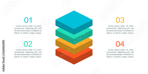 4 steps or parts infographic design with four 3d or isometric squares. Business presentation, information brochure, banner, workflow layout template. Vector illustration.