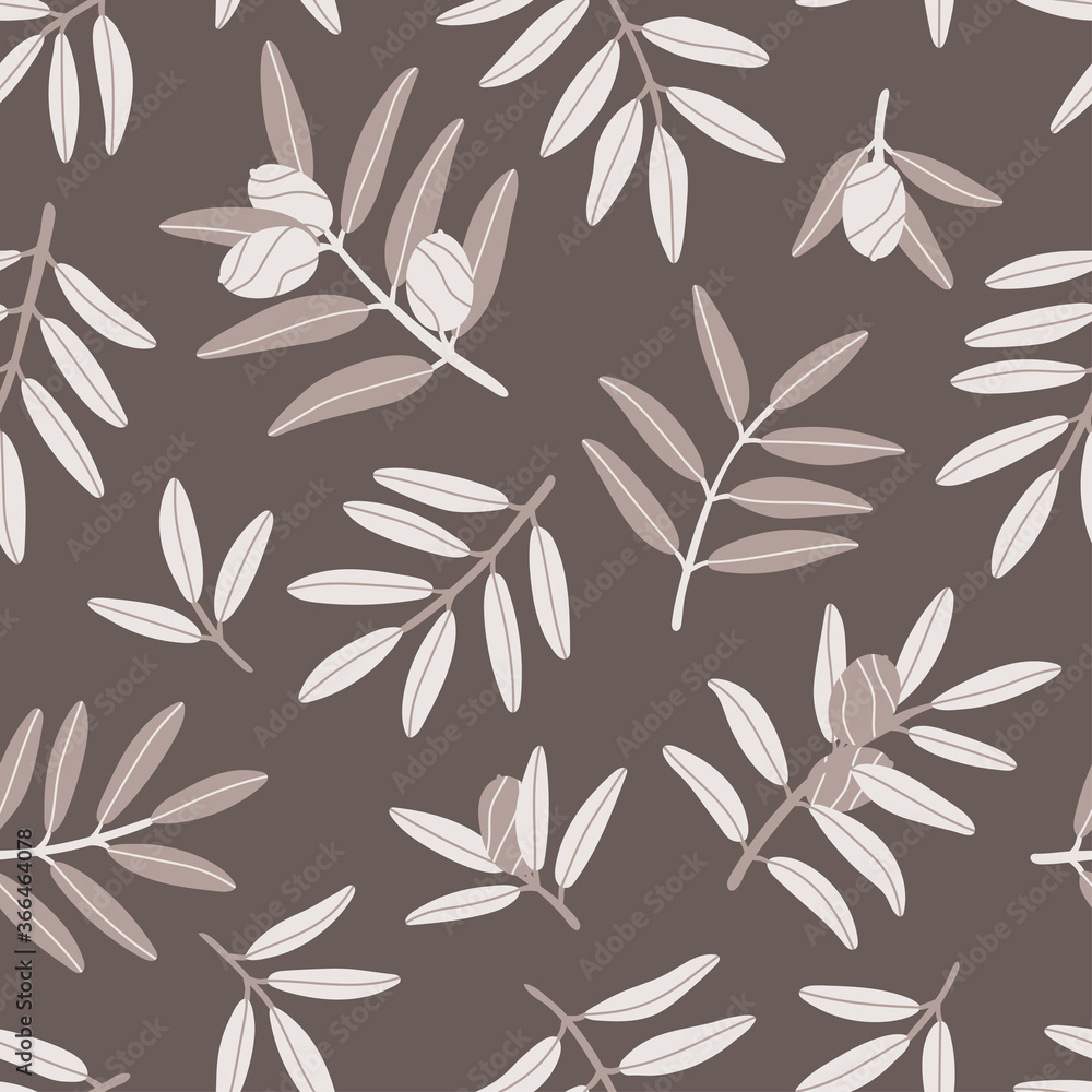 Seamless repeating pattern. Gray branches of an olive tree on a brown background. Autumn and summer pattern. Pastel colors. Pattern with Greek food. Contemporary illustration. Seamless repeating pattern. Gray branches of an olive tree on a brown background. Autumn and summer pattern. Pastel colors. Pattern with Greek food. Contemporary illustration.