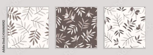 Seamless repeating patterns. Set of pastel patterns with olive tree branches. Gray, white, brown colors. Pattern with Greek food. Contemporary illustration.
