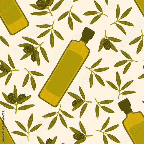 Seamless repeating pattern. Bottles with organic natural olive oil. Green olives on the branches. Natural products for a Mediterranean lunch. Pattern with Greek food. Contemporary illustration.
