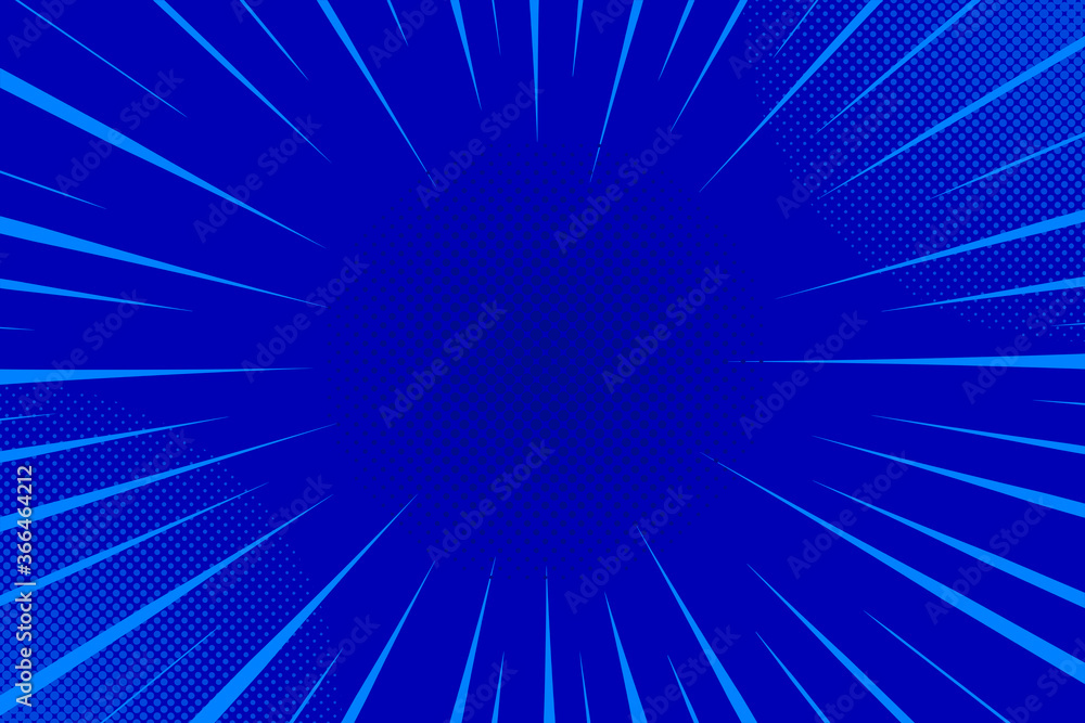 Blue comics rays background with halftones. Vector backdrop illustration. - obrazy, fototapety, plakaty 