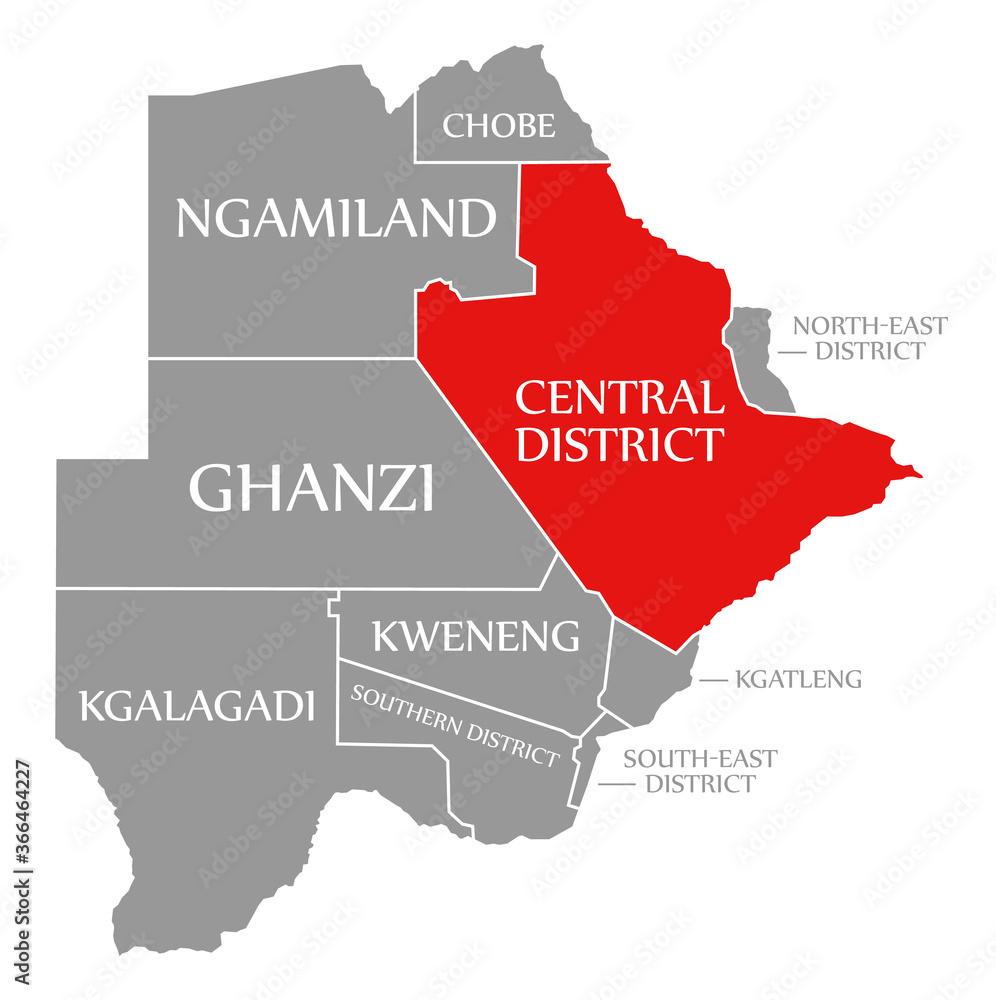 Central District red highlighted in map of Botswana Stock Illustration