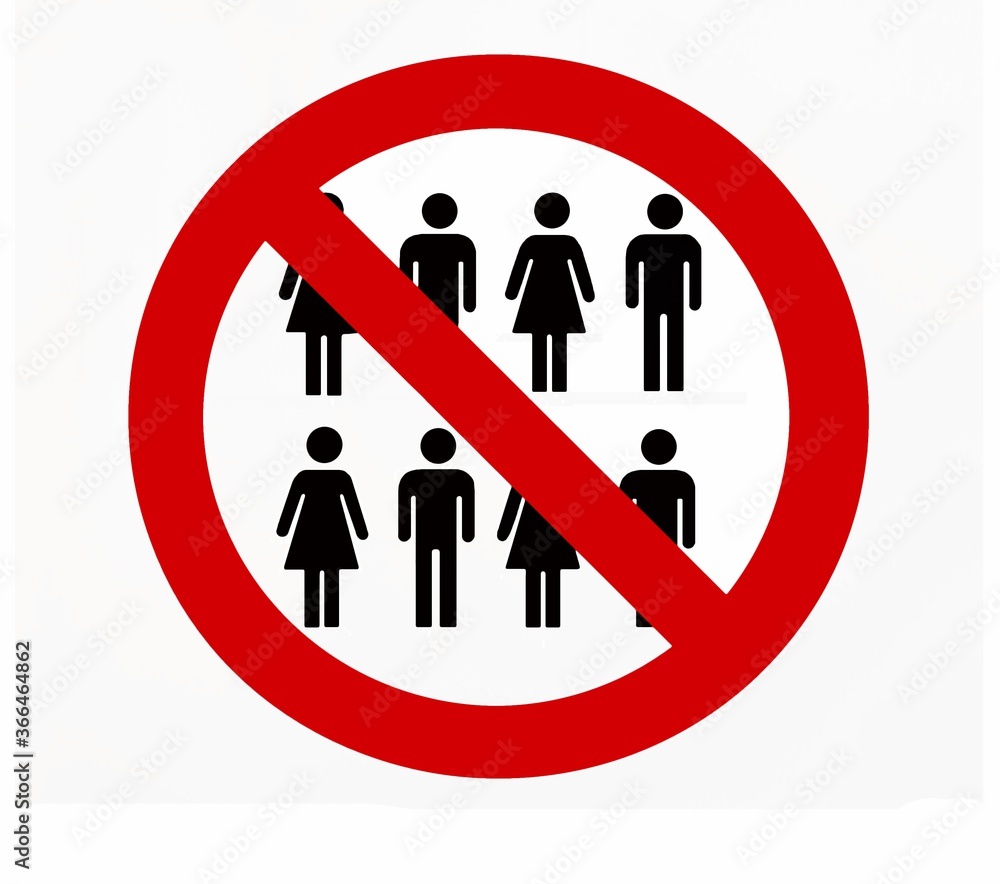 No public gathering, safety sign with silhouette of men and women. White background, copy space. No public gathering, safety sign with silhouette of men and women. White background, copy space.