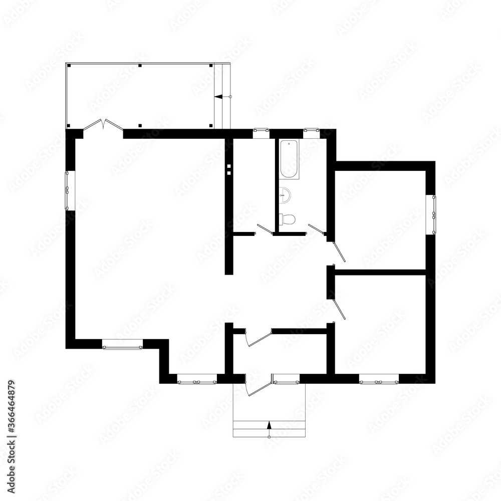 Black and White floor plan of a modern unfurnished apartment for your design. Vector blueprint suburban house. Architectural background. Black and White floor plan of a modern unfurnished apartment for your design. Vector blueprint suburban house. Architectural background.