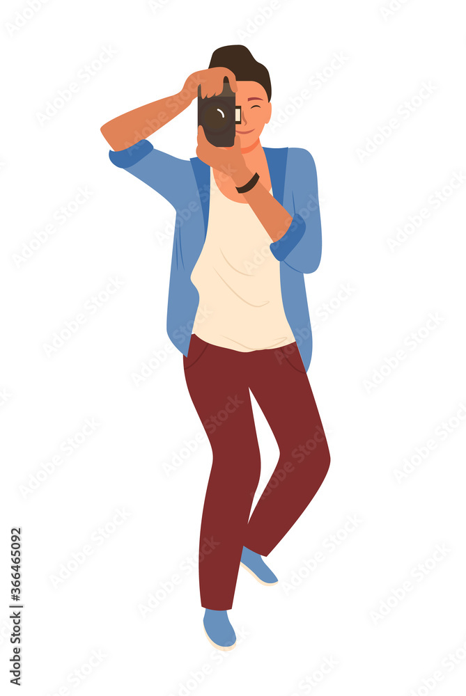 Smiling guy with little amateur camera making tourist photos isolated on white. Vector photographing man with photo camera, malle in trousers and blue shirt Smiling guy with little amateur camera making tourist photos isolated on white. Vector photographing man with photo camera, malle in trousers and blue shirt