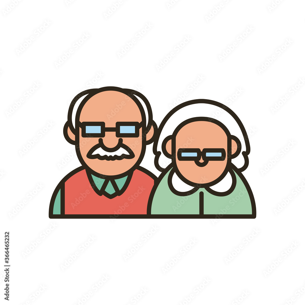 Grandmother and grandfather cartoons line and fill style icon vector design