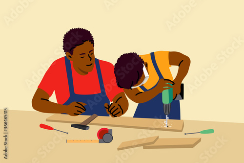 Fatherhood, childhood, work, education, help concept. Young african amercian man dad and child kid boy son working together teaching drilling holes in wooden plank. Fathers day recreation illustration