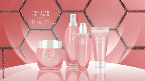 Beauty product ad design, pink cosmetic containers with collagen solution advertising background ready to use, luxury skin care banner, illustration vector.	