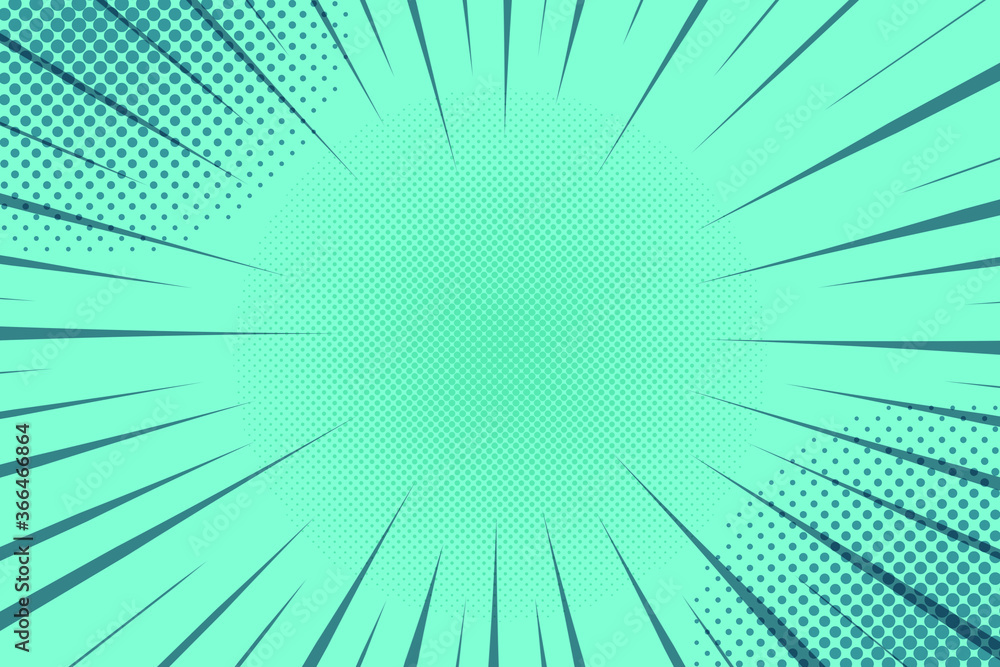 Green comics rays background with halftones. Vector backdrop ...