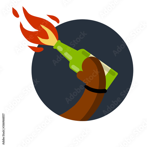 Molotov cocktail. Fire and bottle. African-American holds in hand Weapon of revolt and protest. The rebel symbol and riot. Propellant Bomb and Napalm