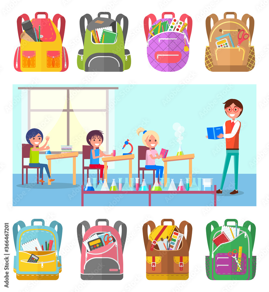 Naklejka premium Children learns chemistry at school lesson vector illustration. Set of backpacks Pupils trying to do experiments with test tube with liquid under teachers control. Back to school concept. Flat cartoon