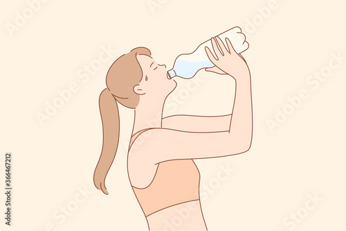 Sport, recreation, break, drink concept. Young thirsty woman or girl athlete cartoon character drinking water for refreshment after jogging. Active lifetyle recreation and summer heat illustration.