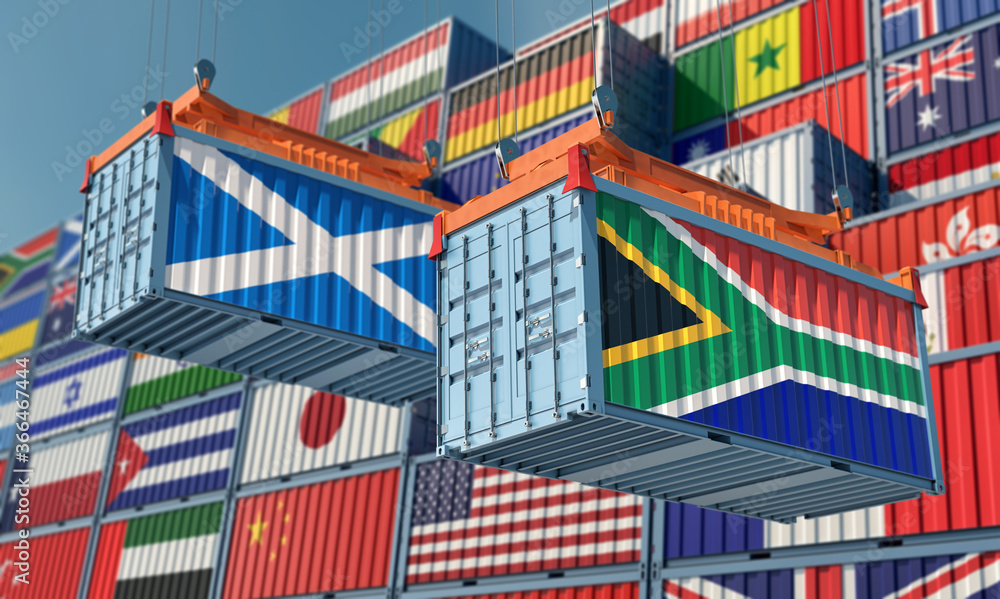 Freight containers with South Africa and Scotland flag. 3D Rendering 