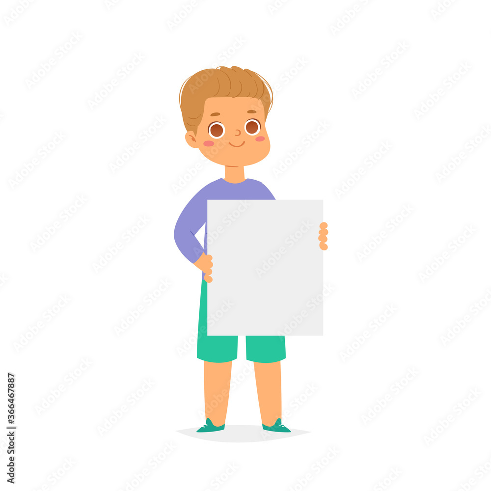 Happy European smiling boy is holding empty blank board. Cartoon pretty little kid with poster, template ready for your message with space for text. Funny cartoon character. Vector illustration Happy European smiling boy is holding empty blank board. Cartoon pretty little kid with poster, template ready for your message with space for text. Funny cartoon character. Vector illustration
