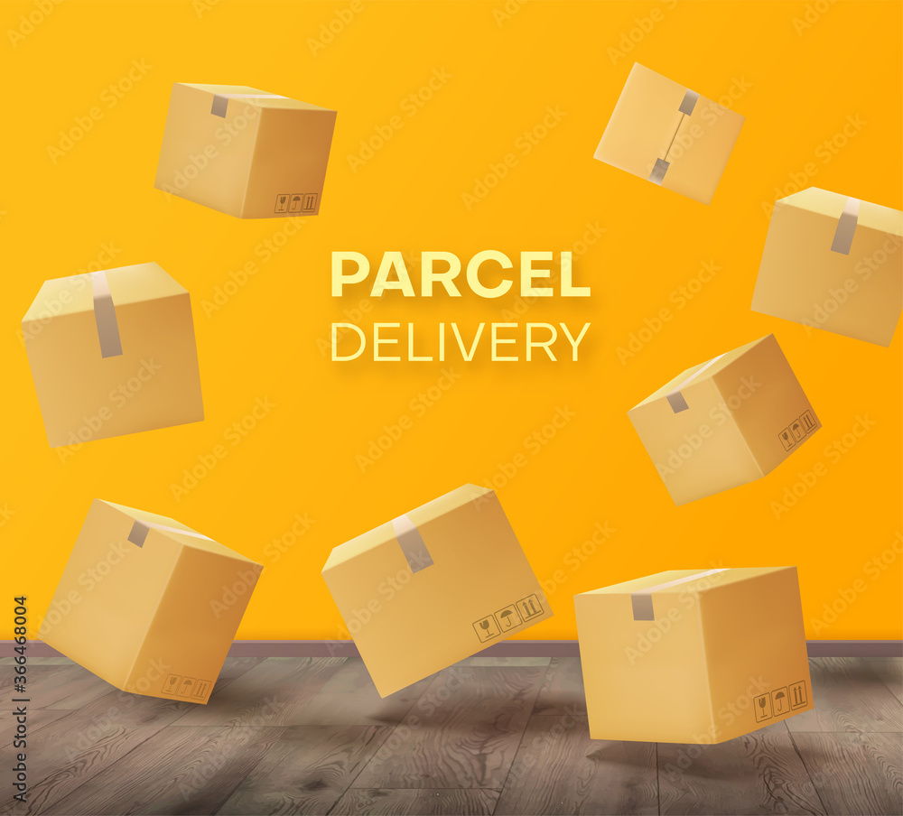 Parcels, boxes floating in the room against the background of a yellow wall and floor. Vector illustration