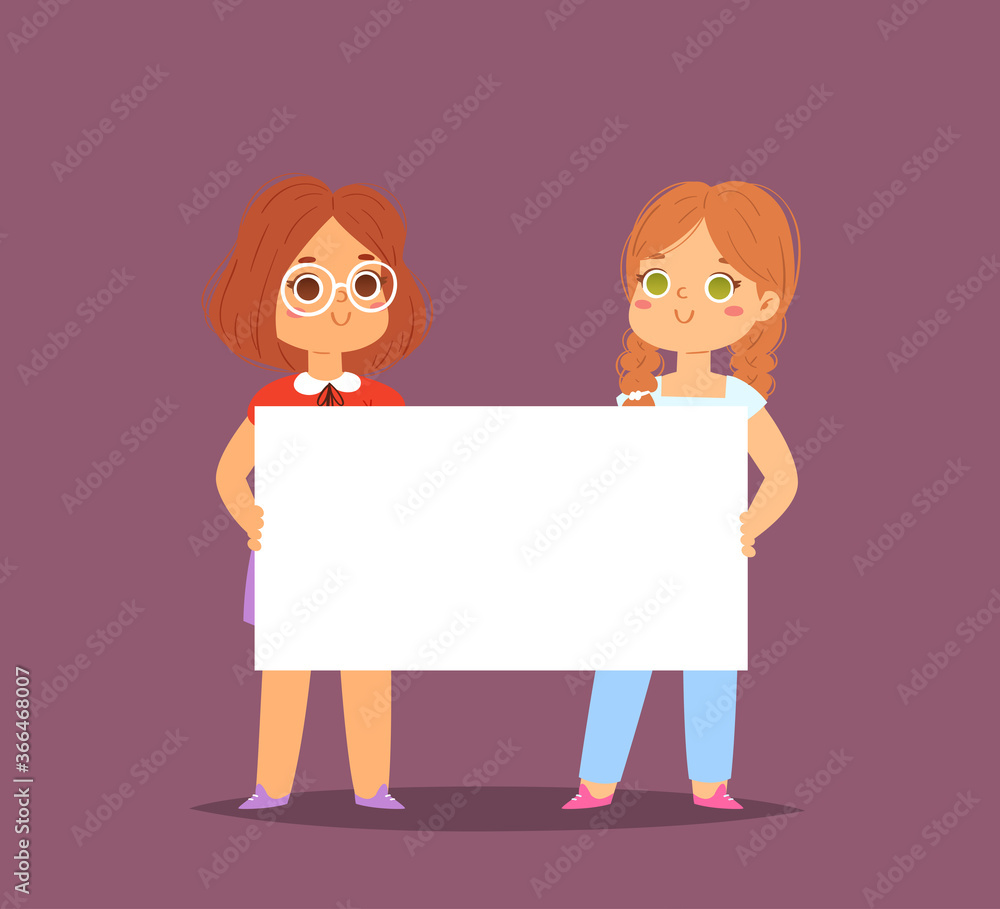 International children couple holding empty blank board. Cartoon pretty little kids boy and girl, templates ready for your message with space for text. Funny cartoon characters. Vector illustration International children couple holding empty blank board. Cartoon pretty little kids boy and girl, templates ready for your message with space for text. Funny cartoon characters. Vector illustration