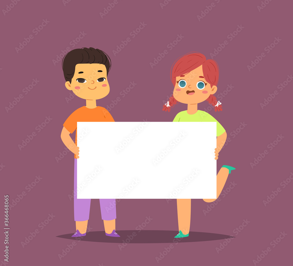 International children couple holding empty blank board. Cartoon pretty little kids boy and girl, templates ready for your message with space for text. Funny cartoon characters. Vector illustration International children couple holding empty blank board. Cartoon pretty little kids boy and girl, templates ready for your message with space for text. Funny cartoon characters. Vector illustration