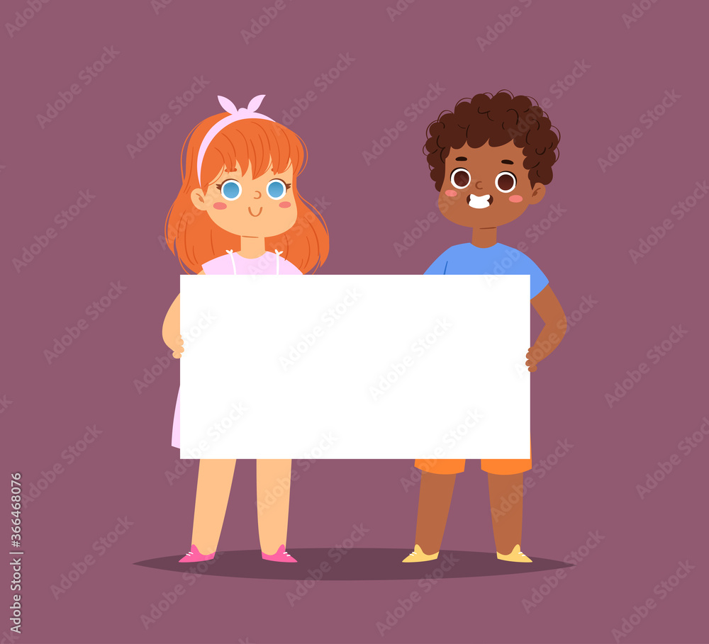 International children couple holding empty blank board. Cartoon pretty little kids boy and girl, templates ready for your message with space for text. Funny cartoon characters. Vector illustration International children couple holding empty blank board. Cartoon pretty little kids boy and girl, templates ready for your message with space for text. Funny cartoon characters. Vector illustration