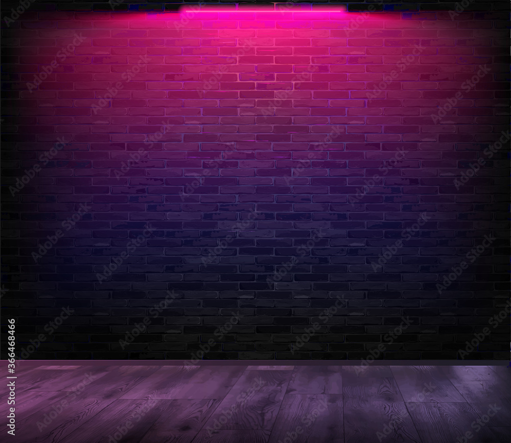 A room with a brick wall on which neon shines. Pink neon. Vector illustration