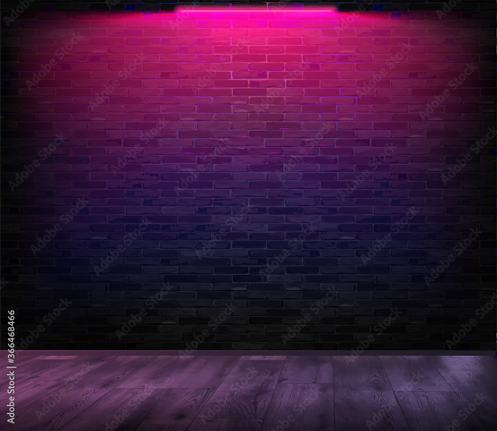A room with a brick wall on which neon shines. Pink neon. Vector illustration A room with a brick wall on which neon shines. Pink neon. Vector illustration