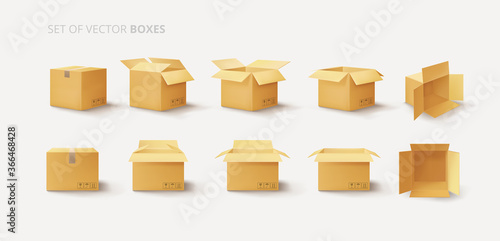 Set of isolated open and closed boxes on a white background, unpacking, vector illustration.