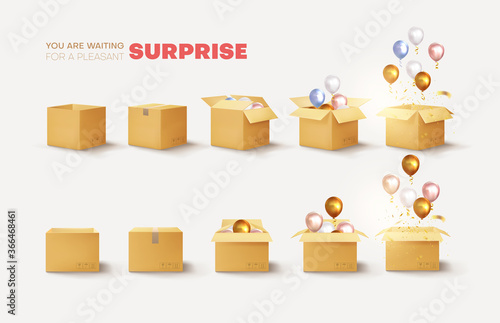 Set of open and closed boxes with pouring balloons and confetti. Surprise for an anniversary or birthday. Vector graphics