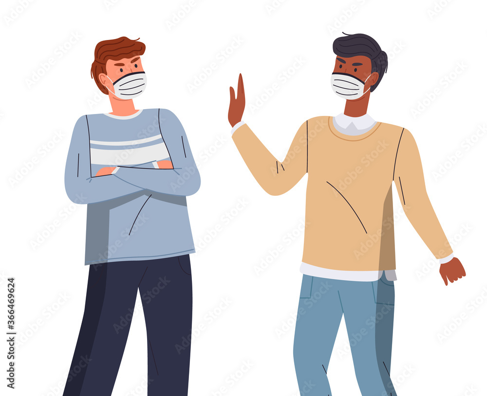 Man in protective medical face masks. Characters discussing about the spread of viral diseases. People wearing protection from virus, urban air pollution, smog, vapor, pollutant gas emission