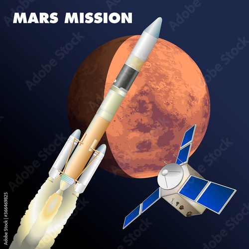 Mars exploration mission, graphic vector illustration, rocket, platet mars and scientific satellite