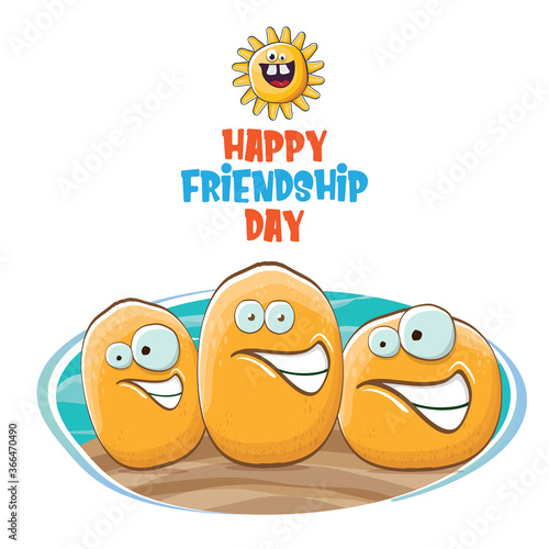 Happy friendship day banner with friends tiny kids potato characters having fun on green field. Happy Friendship day vector illustration. funky kids potato with friends