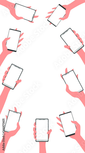 Many different hands are holding many different phones. Vertical image, flat cartoon design, isolated on white background, eps 10.