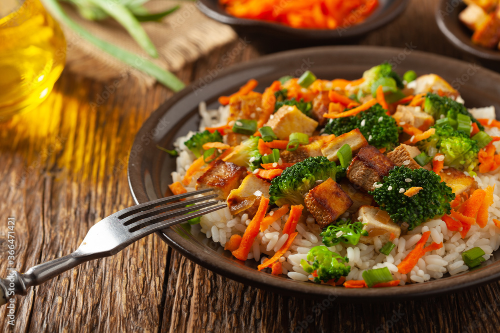 Tofu with rice and vegetables. Served on brown plate. Tofu with rice and vegetables. Served on brown plate.