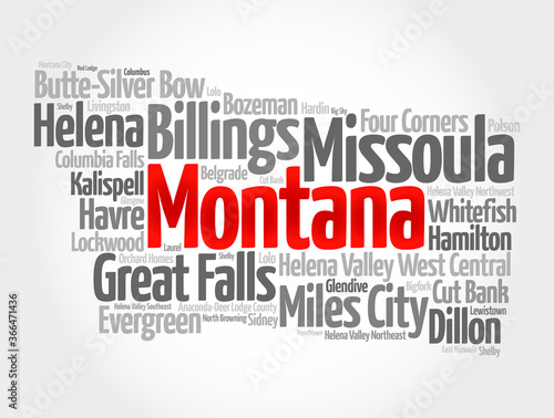 List of cities in Montana USA state, map silhouette word cloud, map concept background photo