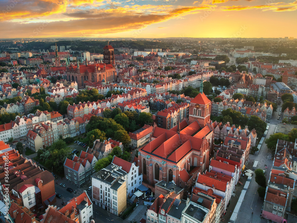 Aerial view of the old town in Gdansk with amazing architecture at sunset,  Poland