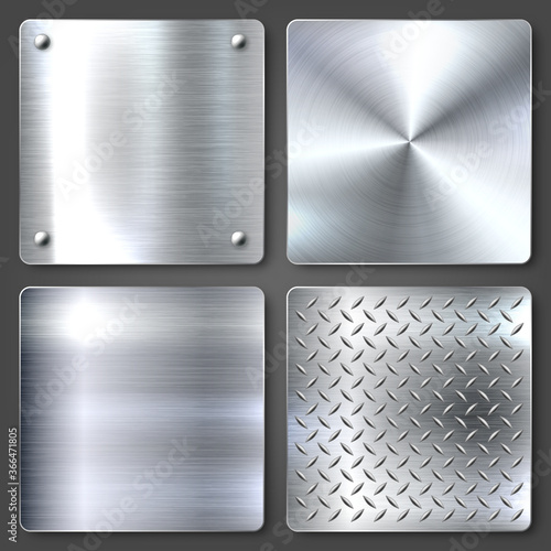 Realistic brushed metal textures set. Polished stainless steel background. Vector illustration.