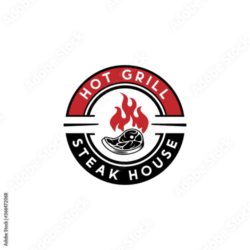 Hot Grill steak house logo design vector, Meat Grill smoke house logo design, Grill and Bar sign symbol