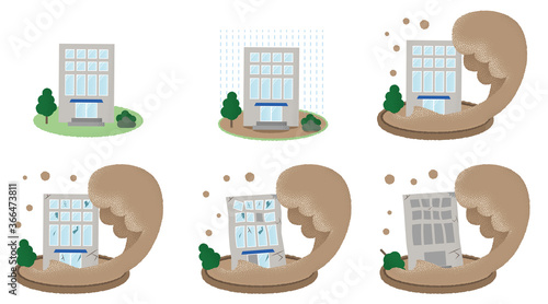 浸水の被害に遭うビルのベクターイラストセット