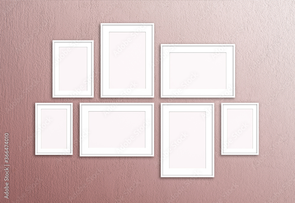 Blank white photo frames isolated on painted plastered wall, seven frameworks collage	