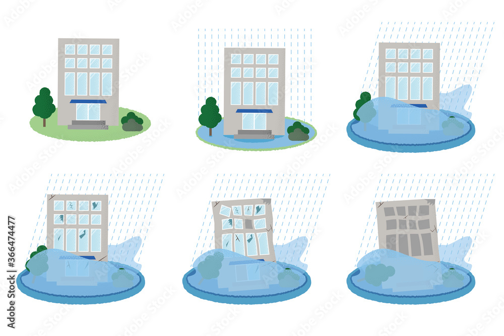 浸水の被害に遭うビルのベクターイラストセット Stock Vector | Adobe Stock