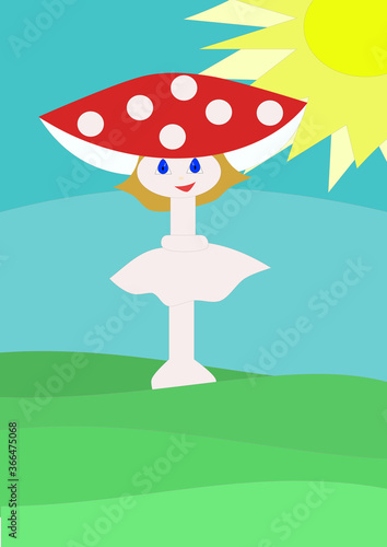 Mrs. Toadstool with red hat with dots. Cartoon mushroom on a green stand with the sun at your back. Children s illustration  drawing.