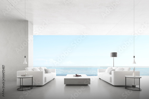 Interior with concrete wall and white sofa set on sea background. 3d render. 